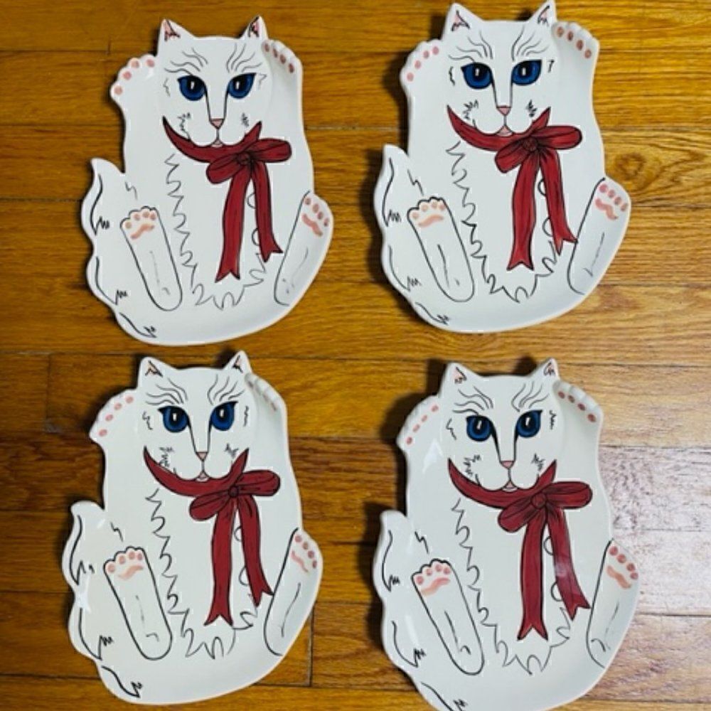 4 Vtg. 90s Cats By Nina Handpainted Plate Dish White Persian Red Bow Blue Eyes E